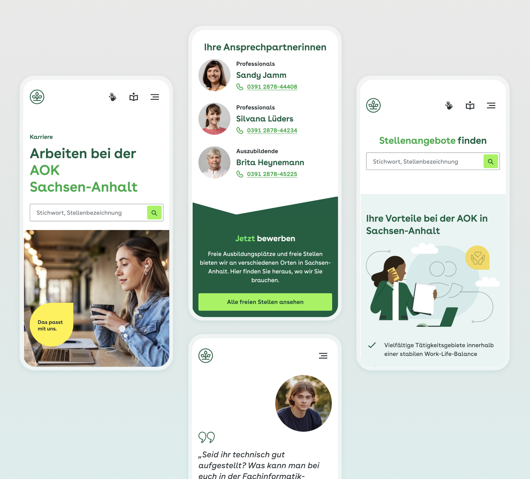 Mobile screens showing career pages for AOK Sachsen-Anhalt