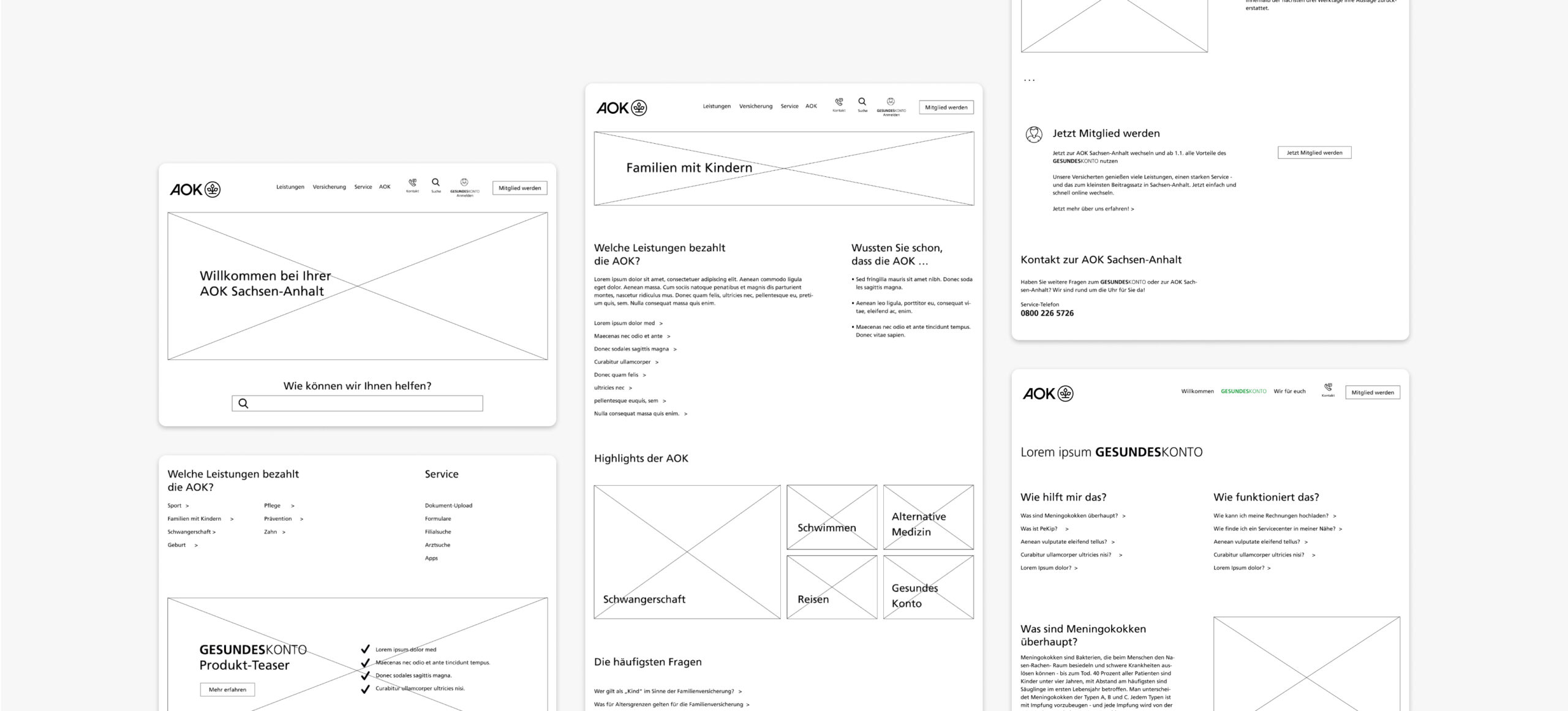 Low-res wireframes showing the website structure