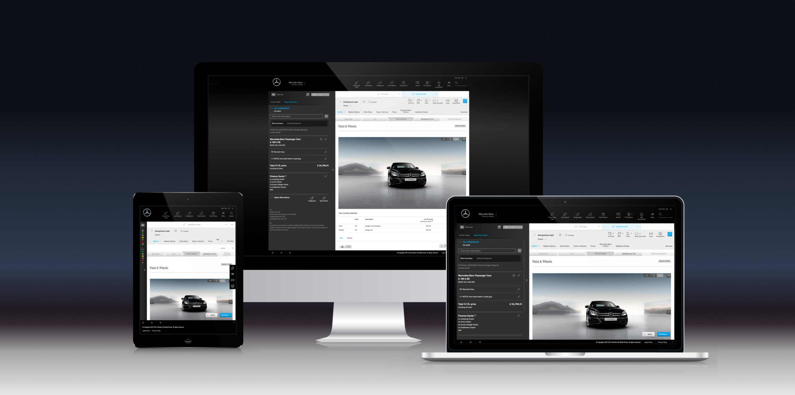 Various devices like laptop and iPhone showing screens of the Mercedes-Benz Point of Sale System